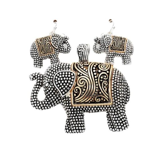 Elephant Embossed Metal Pendant Set - Picture 1 of 7
